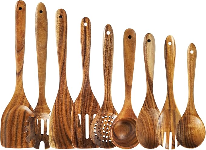 Wooden Spoons for Cooking – 9 Pc Teak Wood Utensil Set, Durable, Nonstick Safe & Heat Resistant with Ergonomic Handles - Unique Kitchen Gifts for Women Men, Cooking Gifts for Men Women