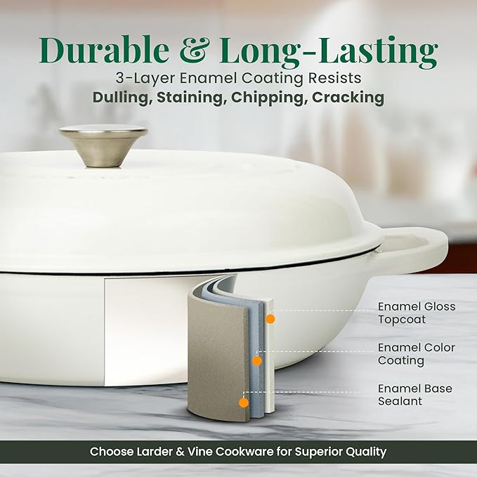 Larder & Vine Enameled Cast Iron Braiser | 3.6 qt Braiser Pan with Lid | Shallow Dutch Oven Compatible on All Cooktops | Casserole Dish Oven Safe to 500° F | Dual Handles | White