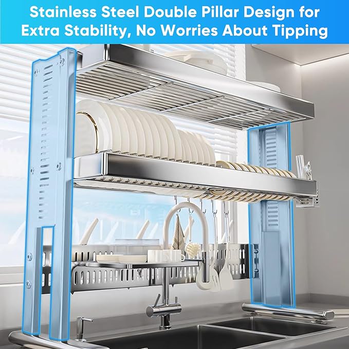 Large Over The Sink Dish Drainer Drying Rack，2 Tier Large Capacity Stainless Steel Dish Drying Rack Over Sink, Multifunctional Kitchen Organizers and Storage Dish Rack 304 Silver, Double Layer)