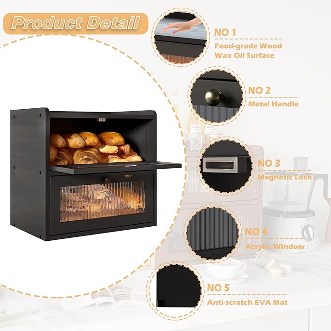 Double Layer Large Bread Box for Kitchen Counter, Wooden Corner Bread Storage Container with Acrylic Window, Black