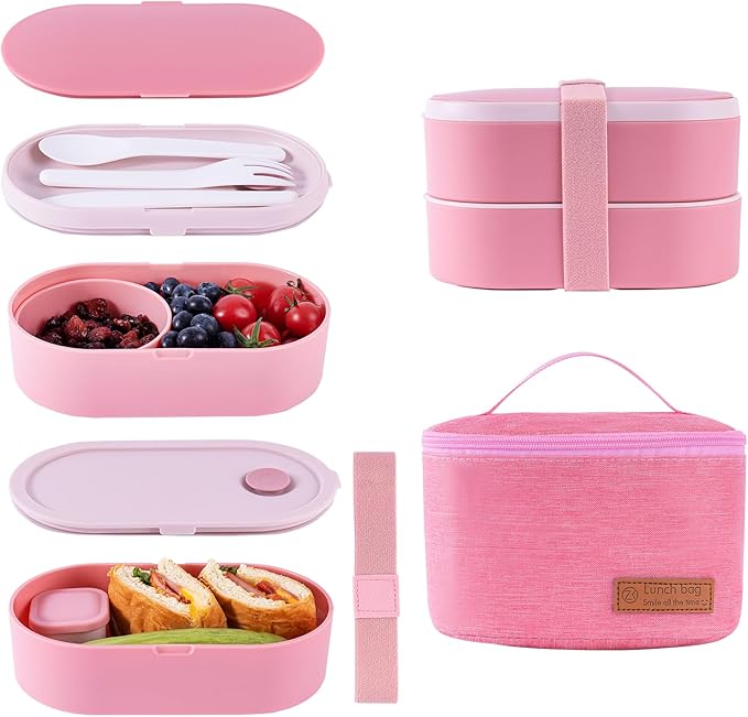 Bento Lunch Box Set -2 Stackable Adult And Women's Lunch Boxes - Including Lunch Bag, Leak Proof And Bisphenol Free A - Built-In Cutlery Set - Dishwasher Safe (Pink)