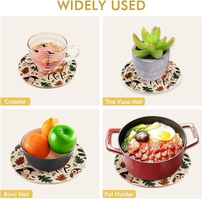 Woodland Leaves Cute Forest Animals Kitchen Trivets Pot Holders Set of 2, Trivets for Hot Pots Dishes Woven Trivet Coaster Pad Mat for Counter