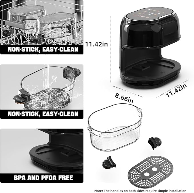 6.5QT Visible Glass Air Fryer, 8-in-1 Long Tray Design with 360° Viewing Window, Digital Touchscreen, Fries, Cake, Defrost, Chicken Wings, Dishwasher Safe, Oil-Less Oven