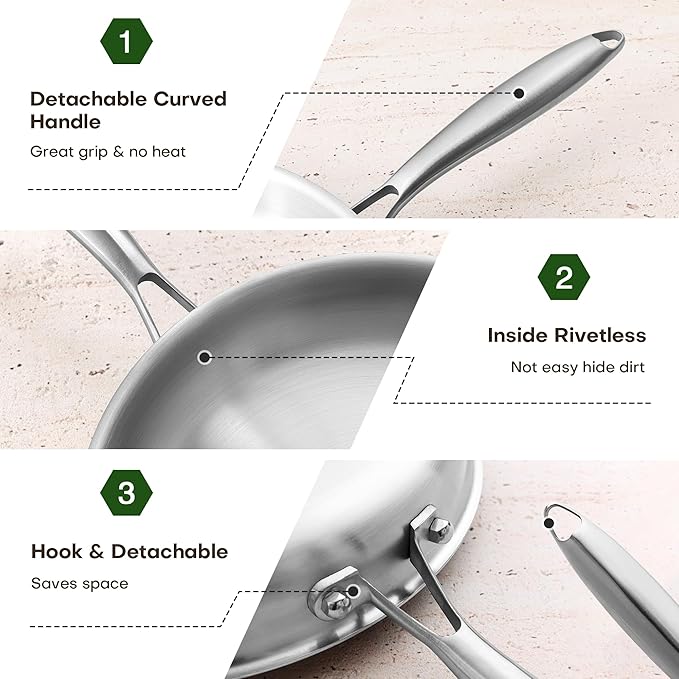 Stainless Steel Frying Pan, 8 Inch Frying Pan Cookware, Healthy Stainless Steel Skillet, Works on Induction, Ceramic and Gas Cooktops, PFOA Free, Dishwasher Safe, Stay-Cool Handle