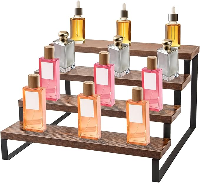 IHKFILAN Wooden Display Riser Stand,4 Tier 13.8IN Perfume Display Stand,Wood Rustic Cupcake Stand,Tiered Countertop Display Shelf for Figures,Condiment,Dolls Collection,Makeup,Cupcake,Perfume