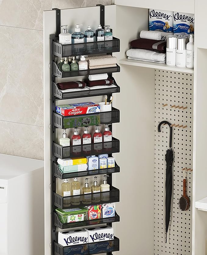 Aupekro 10-Tier Over the Door Pantry Organizer Rack, Pantry Door Organizer Shelves, Adjustable Hanging Spice Rack Seasoning Shelves, Large Capacity Door Storage Shelf for Kitchen, Bathroom (Black)