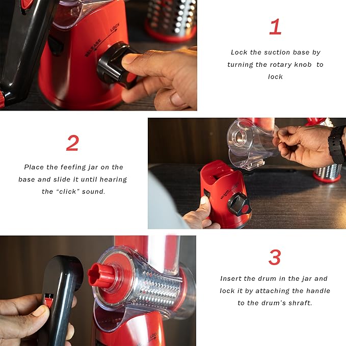 Rotary Cheese Grater with Handle - 3-in-1 Cheese Shredder - Easy to Clean Rotary Grater - Mandoline Vegetable Slicer Hand Crank - with Brush and Peeler - Red