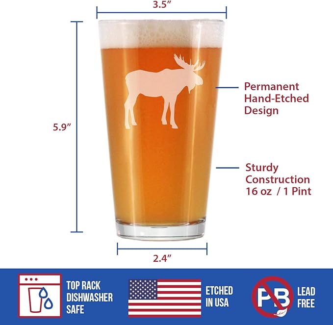 Moose - 16 oz Pint Glass for Beer - Cabin Themed Gifts or Rustic Decor for Men and Women - Fun Drinking or Party Glasses