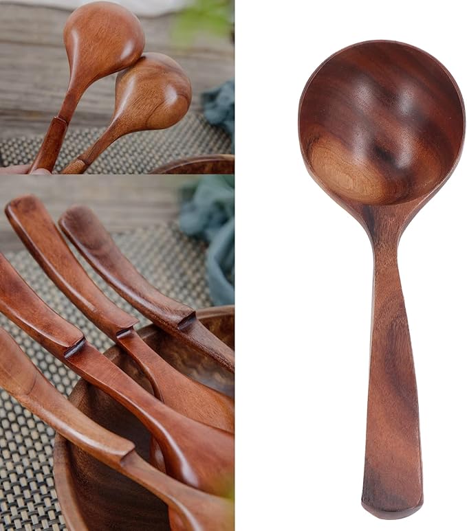Wooden Ladle Spoon, Long Handle Wood Teak Soup Deep Serving Spoon Porridge for Cooking Kitchen Smooth Finish Lightweight Natural Texture Sustainable Handcrafted Versatile Utensil(7.87×2.36in)