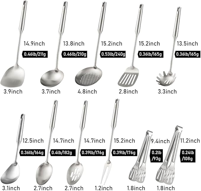 18/10 Stainless Steel Kitchen Utensils Set - 15” All Metal Cooking Tools, 11Pcs - 2 Tongs, Fork, Solid Spoon, Slotted Spoon, Spatula, Soup Ladle, Skimmer, Slotted Spatula, Spaghetti Spoon, Large Spoon