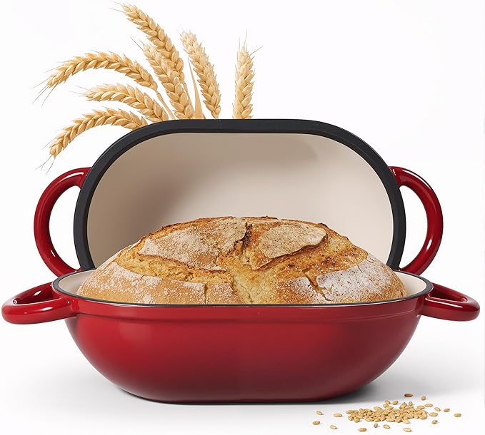 5 QT Oval Dutch Oven for Bread Baking, Enamelled Cast Iron Bread Oven for Sourdough, Sourdough Loaf Pan with Lid, Heavy-Duty Non Stick Bread Pan for Homemade Bread Baking, Red