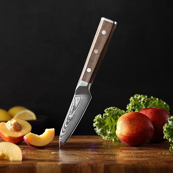 Wakoli HIK Damascus Office Knife – Full Tang Paring Knife | 3.4-Inch Blade Made of 67-Layer Damascus Steel with VG10 Core | Walnut Wood Handle | Sharp, Durable, Gift Box Included