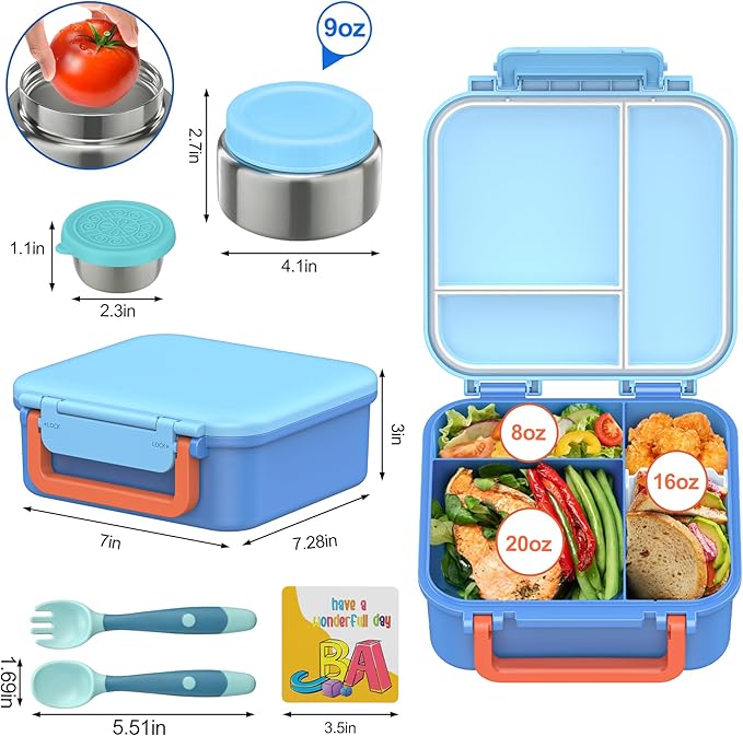 Kids Bento Lunch Box with 9oz Soup Thermo Leakproof Lunch Food Containers 4 Compartment with Insulated Hot Food Jar for Kid Toddler Girls Boys to School, Trvael