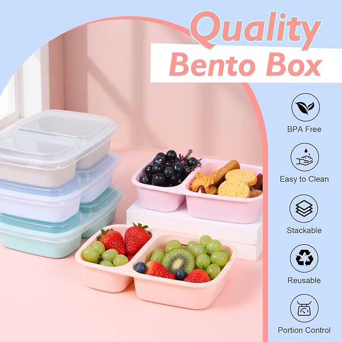 Honeydak 5 Pack Lunchable Snack Containers 2 Compartment Divided Bento Snack Boxes Reusable Meal Prep Containers with Lids Lunch Food Storage Box for School Work Travel(Light Color)