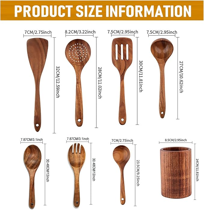 Wooden Kitchen Utensil Set, 9-Piece Cooking Tools with Holder and Spoon Rest, Wooden Spoons for Cooking