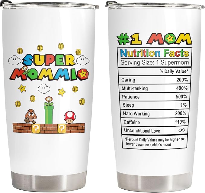 34HD Gifts for Mom Wife, Mommio Tumbler with Lid, 20 oz Vacuum Insulated Mommy Nutrition Facts Mug, Retro Game Mama Cup, Cool Gifts for Mom from Daughter Son Husband