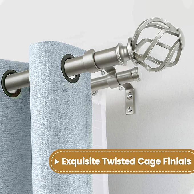 KAMANINA 1 Inch Double Curtain Rods 36 to 72 Inches (3-6 Feet) Window Telescoping Drapery Rod, Antique Sliver Heavy Duty Curtain Rods for Windows, Twisted Cage Finials