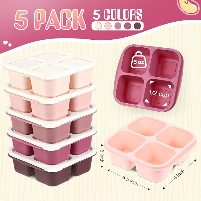Honeydak 5 Pack Snack Containers 4 Compartment Bento Snack Boxes Reusable Lunchable Containers with Lids Divided Meal Prep Lunch Food Storage Box for School Work Travel(Rose Red Ombre,Equal)
