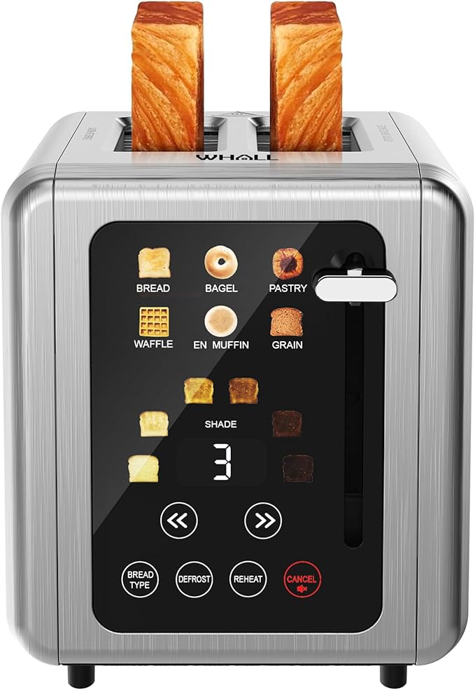 WHALL Touch Screen Toaster 2 Slice,Smart Digital Toaster with 1.5" Wide Slots,6 Shade Settings & 6 Bread Types,Memory Function,Countdown Timer,Brushed Stainless,Ideal Kitchen Gift & Essential