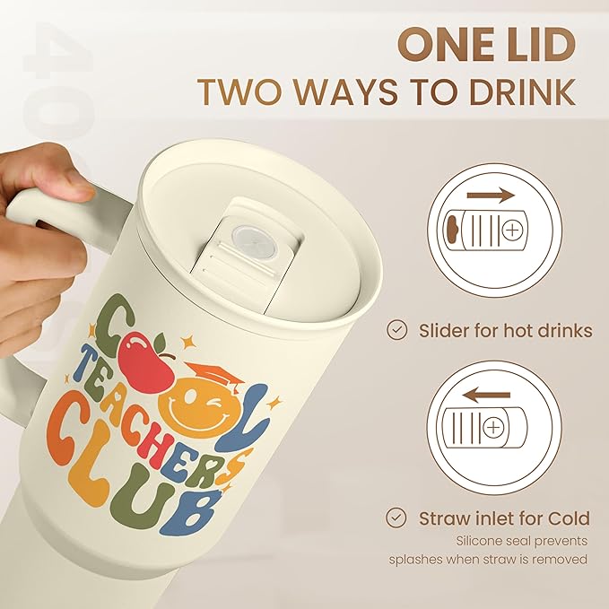 Cool Teacher Club Tumbler 40oz, Stainless Steel Insulated Coffee Travel Cup with Handle, Teacher Appreciation Gifts for Women, Teachers Gift for Valentines Birthday Farewell Christmas Teacher's Day
