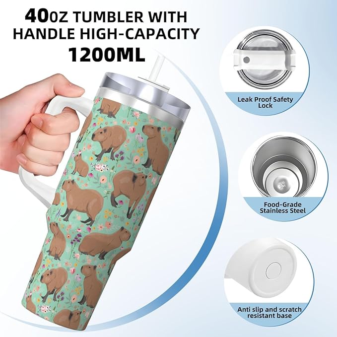 Capybara Gifts Capybara Tumbler Cute Cup Water Bottle for Girls, Teens, Women, Men Stainless Steel Vacuum Insulated 40oz Tumbler with Lid and Straw for Water, Iced Tea or Coffee, Green