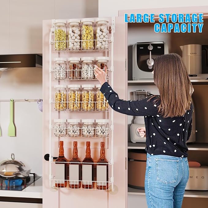 White Over the Door Pantry Organizer 5 Tier, Adjustable Basket Pantry Door Organizer and Storage, Heavy Duty Metal Kitchen Hanging Spice Rack (D5xW19xH50 Inches)