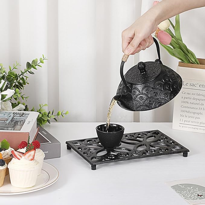Sumnacon 9.4 x 6.1 Inch Cast Iron Trivet 2 Pack Iron Trivets for Hot Dishes Pots Pans Plates Teapots with Rubber Feets, Sturdy Metal Trivet for Kitchen Dining Table Cooktop, Black