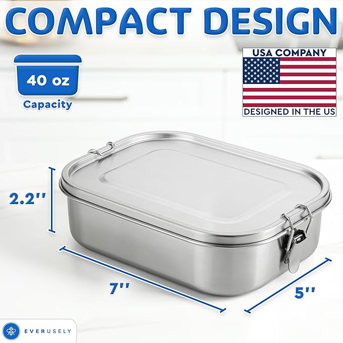 Everusely - Stainless Steel Lunch Box - 40 oz / 1.2 L, 2 Adjustable Dividers - Leakproof Snack and Salad Bento Containers for Adults - Food Storage Boxes with Lids for Work, Picnics, Travel