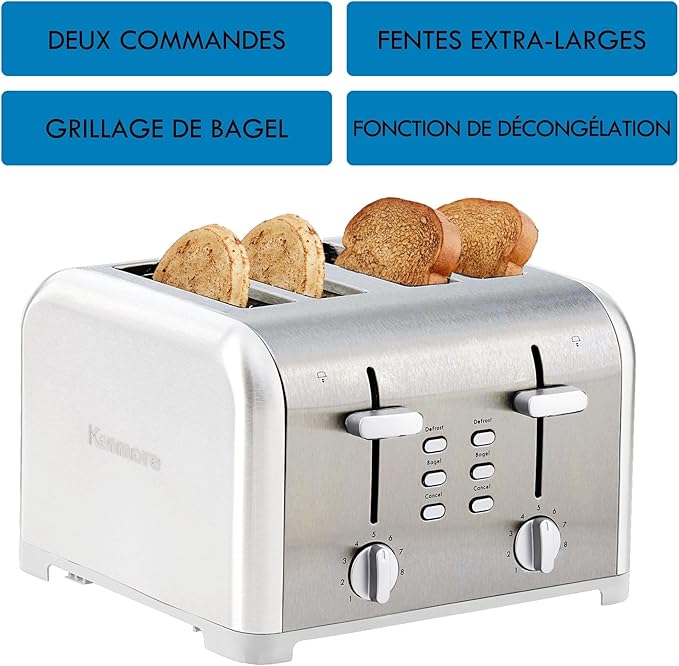 Kenmore toaster 4 slice - extra wide slot countertop kitchen appliance, defrost function, tostador de pan, 9 shade settings, compact design, easy clean crumb tray, bread bagel, stainless steel & White