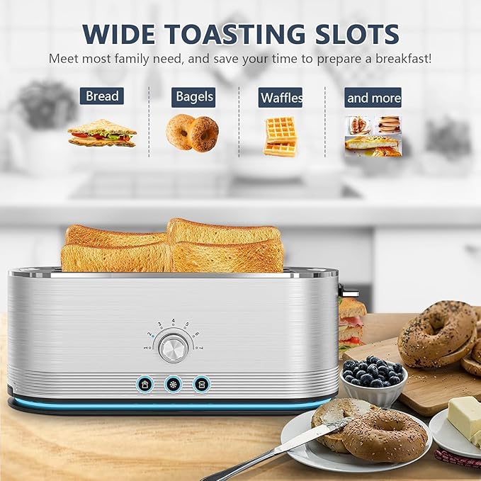 4-Slice Toaster, 7 Browning Settings, Removable Crumb Tray, Full body Stainless Steel Housing 1350W ，Anti-Fingerprint & Anti-Jam,Stainless Steel