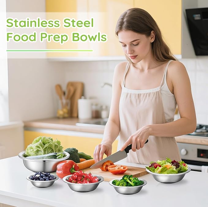 304(18/8) Stainless Steel Mixing Bowls for Kitchen, 6 Pack 7" 21.22 fl.oz Metal Mixing Bowls Set Stackable for Baking Serving Cooking Food Prep Storage Dishwasher Safe Heavy Duty