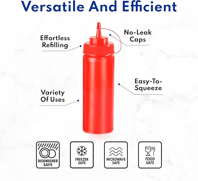 New Star Foodservice 26283 Squeeze Bottles, Plastic, 8 oz, Red, Pack of 6