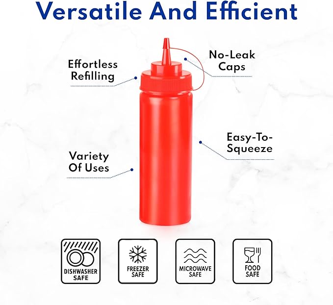 New Star Foodservice 26313 Squeeze Bottles, Plastic, 12 oz, Red, Pack of 6