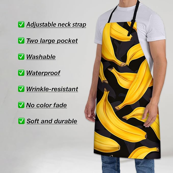 Banana Pattern Apron for Women Men 28x33in, Kitchen Chef Aprons with 2 Pockets, Polyester, Tropical Banana Apron