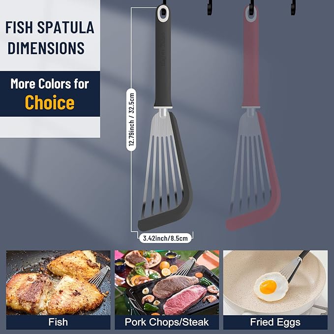 Fish Spatula,600℉ Heat Resistant Silicone Fish Spatula with Basting Brush,for Nonstick Cookware,Flexible Slotted Fishs Turner Spatulas,BPA Free,Dishwasher Safe(Black)