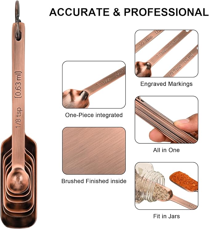 Copper Measuring Cups and Spoons Set, Stainless Steel Measuring Cups and Spoons Set 12, Metal Measuring Cups Set, 5 Measuring Cup Set and 6 Copper Measuring Spoons &Leveler for Kitchen