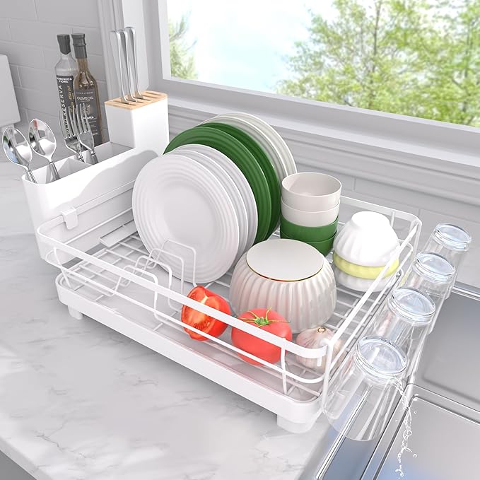 Runnatal Dish Drying Rack, Stainless Steel Dish Rack with Drainboard for Kitchen Counter and Sink, Detachable 2-in-1 Utensil Holder, Cup Holder, Large Capacity Dish Drainer, White