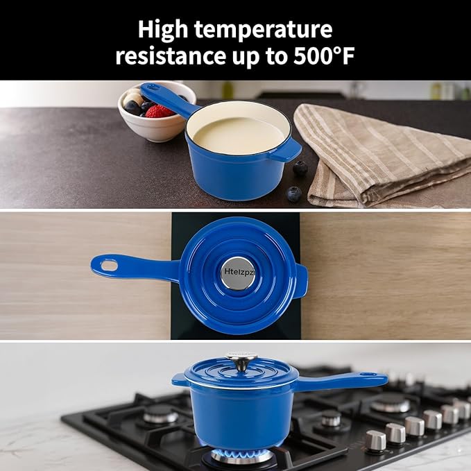 Enameled Cast Iron Sauce Pan with Lid, 1.7 Quart Saucepan with Lid, Small Dutch Oven Pot, Suitable for Small Portions of Soup, Sauces, Oatmeal, Blue