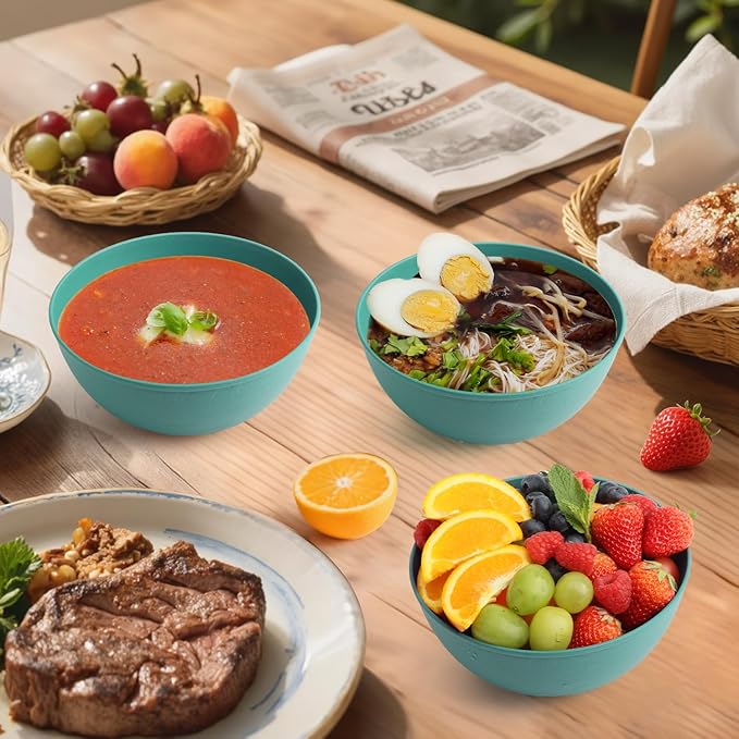 Homienly Wheat Starw Bowls, Bowl Set, Large Cereal Bowls, Serving Bowl Set of 6, Microwave and Dishwasher Safe, 40 OZ, Large Bowls for Salad, Soup, Ramen, Fruit,Dinner, Reusable, Stackable - Green