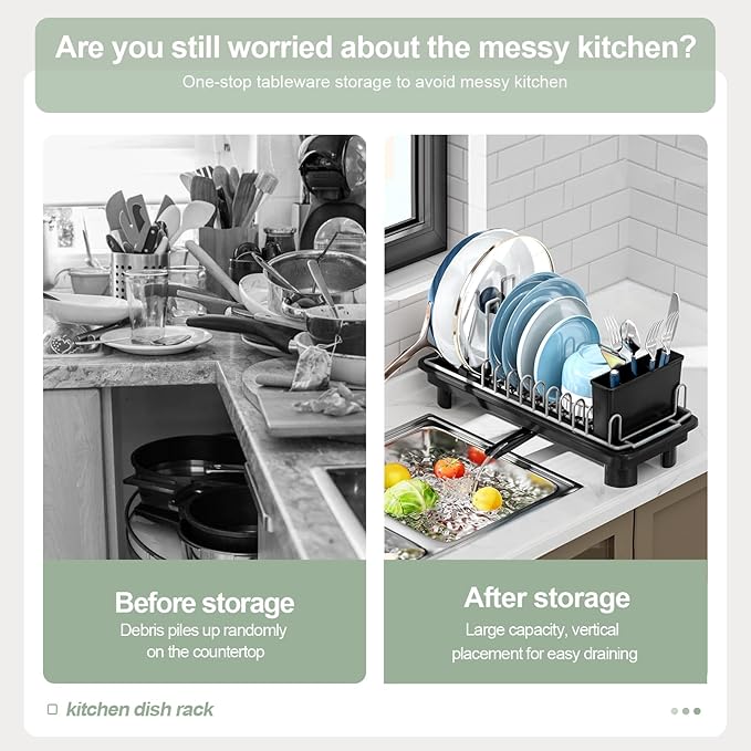 Compact Dish Drying Rack with Utensil Holder – Small Countertop Dish Drainer with 360° Rotating Drain Spout, Stainless Steel Dish Rack for Kitchen Sink, Space-Saving Design for Small Kitchen