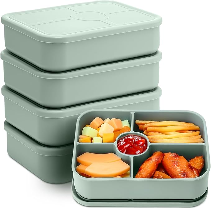 4 Pack Silicone Bento Boxes for Adults, 5 Compartment Reusable Lunch Containers with Sauce Section, Leakproof Meal Prep Snack Box Microwave & Dishwasher Safe for Work School Office(Green)