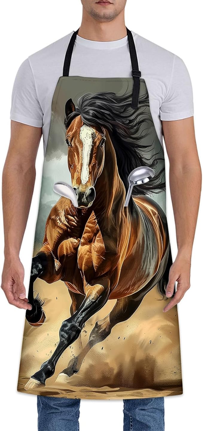 Majestic Horse Apron, Adjustable Kitchen Dynamic Desert Scene Design Aprons with Pockets for Cooking BBQ Gardening, 28×33 IN, Holiday Gifts for Women Men Wife, for Chef Baking, Oxford Fabric