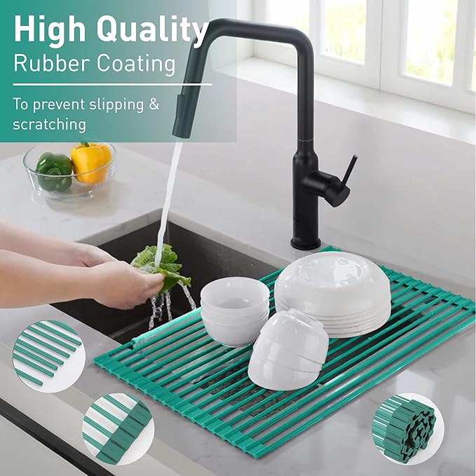 Bellemain Dish Rack Over Sink, Drying Rack, Roll Up Dish Drying Rack | Silicone & Stainless Steel Dish Drainer, Dish Drying Mat, Kitchen Drying Rack, Space Saving Drying Rack (Green, Medium)