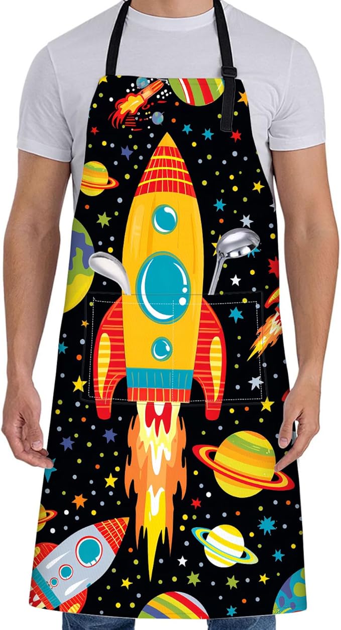 Fun Space Adventure Apron for Women with Rocket and Planet,28x33in