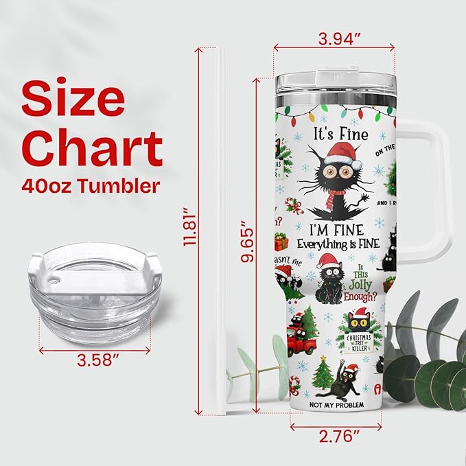 34HD 40oz Funny Christmas Cat Tumbler with Handle – Black Cat Gift, Holiday Travel Mug with Lid & Straw