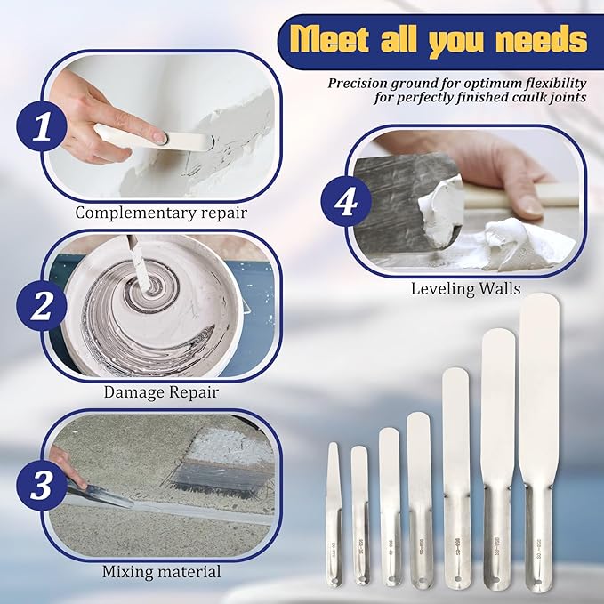 958-G01 Streamline Caulking Spatula 7-Piece Set,Spatula Tip Widths from 3/8” To 1-1/2”,Multifunctional Stainless Steel Caulking Tool (Pack Of 7)