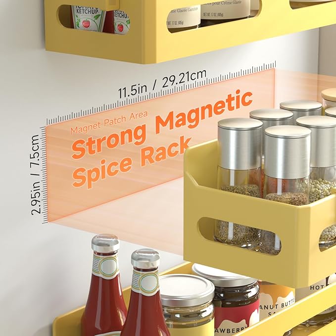 4 Pack Magnetic Spice Rack for Refrigerator, Spice Rack Organizer, Moveable Magnetic Shelf Fridge Organizer with 4 Hooks for Kitchen and Oven Organization, Yellow