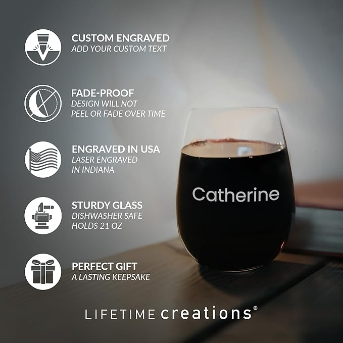 Lifetime Creations Personalized Stemless Wine Glass with Engraved Name - Bachelorette Party Favors, Bridesmaid Proposal Gift Glasses for Her, Made in USA (Holds 21 oz)