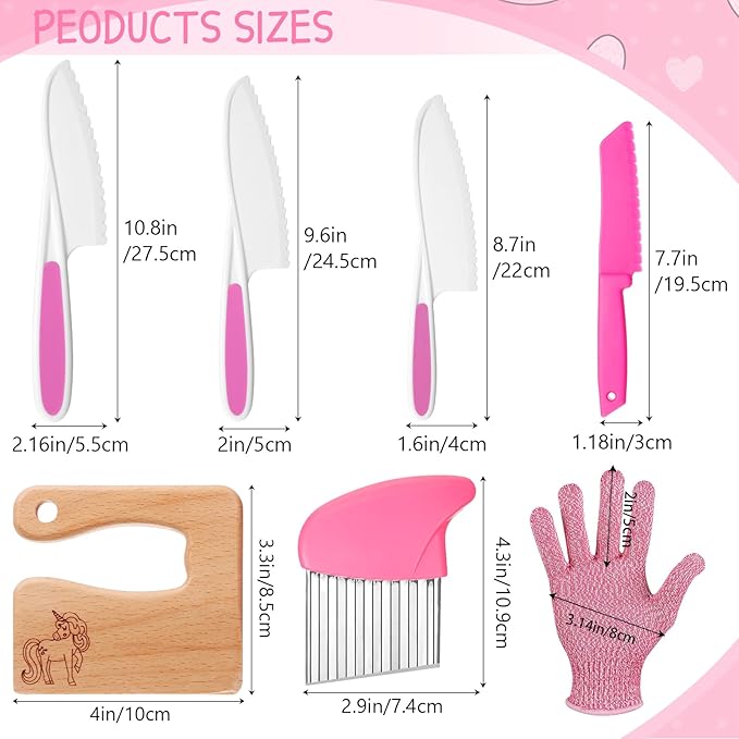 7 Pieces Wooden Kids Kitchen Knife Include Wood Kids Knife Plastic Potato Slicers Cooking Knives Serrated Edges Toddler Plastic Resistant Gloves for Kitchen Children
