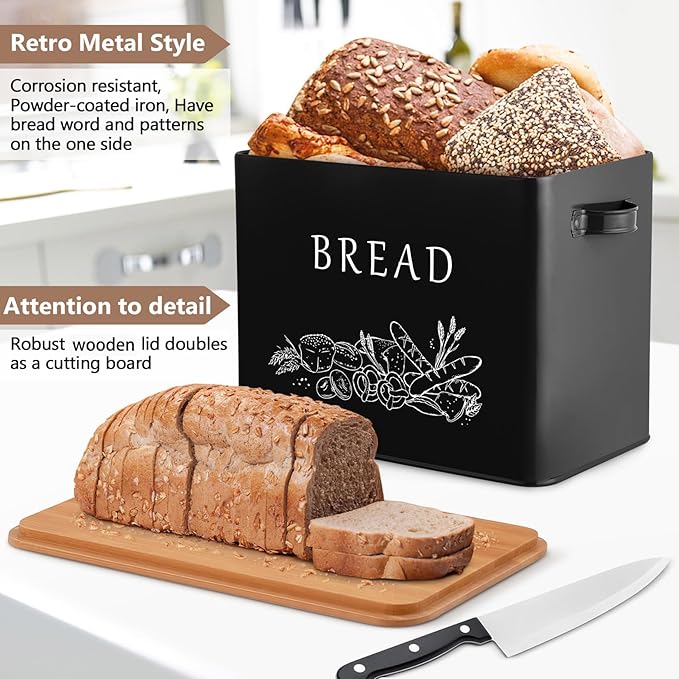 P&P CHEF Bread Box for Kitchen Counter, Metal Bread Storage Bin with Wooden Cutting Lid, Large Capacity for Holding 2+ Loaves, Retro Modern Style, Size 13” x 7.2” x 9.7”, Black